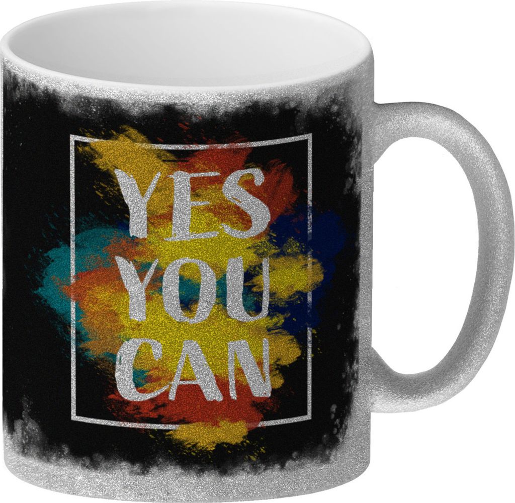 Yes you can Glitzer-Kaffeebecher mit buntem Motiv