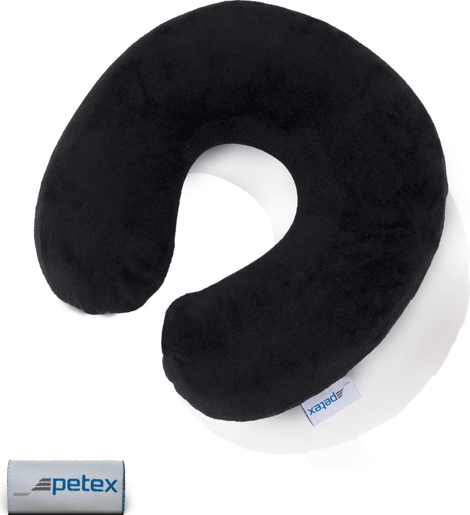 Nackenkissen mit Memory Schaum, Reisekissen, Nackenhörnchen, schwarz, ergonomisch, Bezug abnehmbar | PETEX