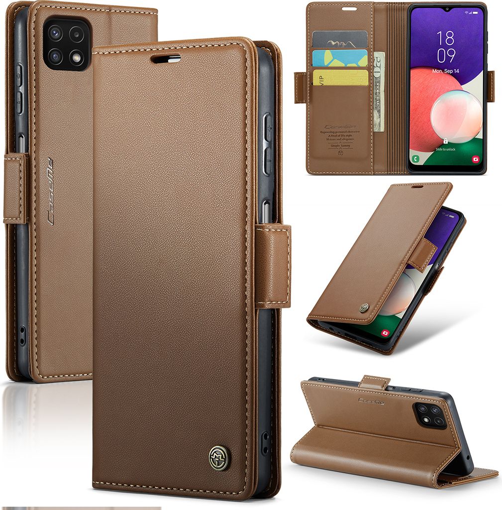 Galaxy A22 5G Hülle, Leder Brieftasche Kartenfach Schutzhülle mit Standfunktion für Samsung Galaxy A22 5G Braun