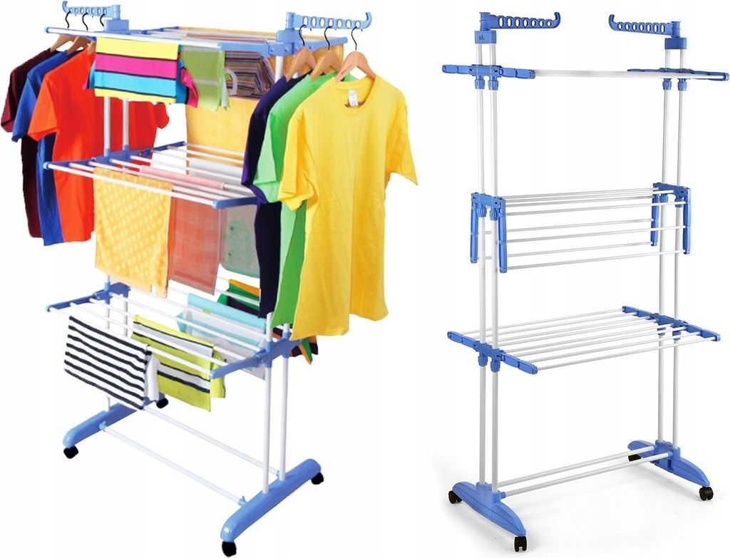 A multi-tiered clothes drying rack with various garments hanging on it, shown from two different angles.