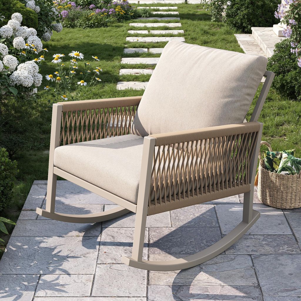 MODFU Outdoor Loungesessel wetterfester Metallrahmen Schaukelstuhl mit komfortable Kissen Sessel mit Kreuzseilwebtechnik Beige