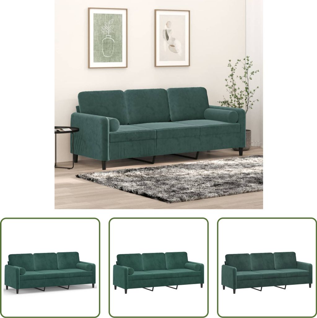 The Living Store 3-Sitzer-Sofa mit Zierkissen Dunkelgrün 180 cm Samt