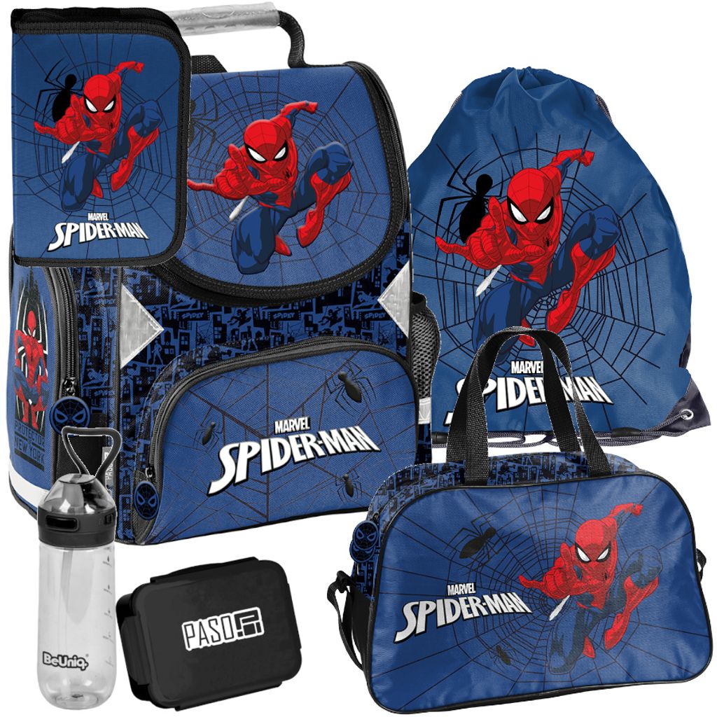 Schulranzen 6-tlg. Set für Mädchen & Jungen SPIDERMAN– Paso Ranzen, Mäppchen, Tasche, Flasche, Frühstückstasche