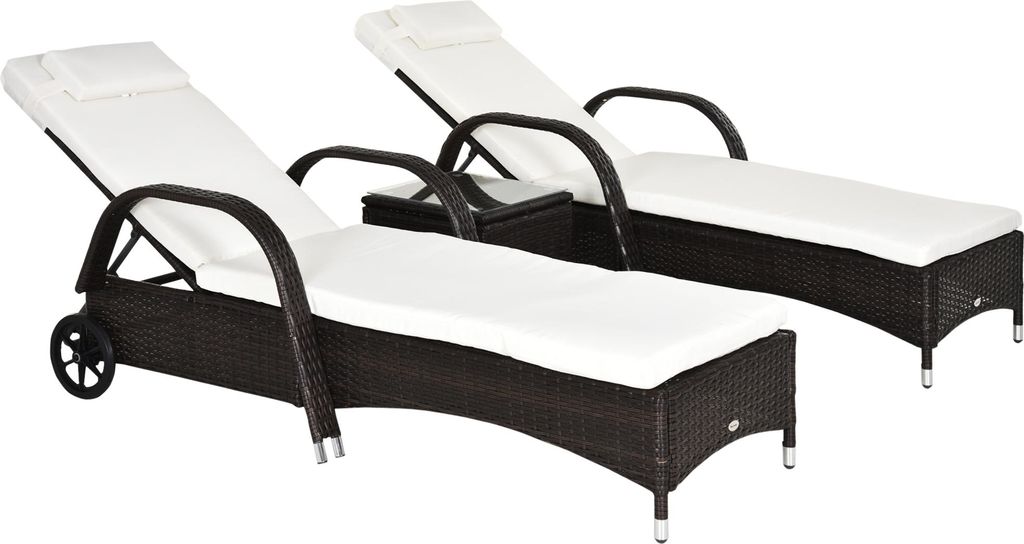 3er-Sonnenliegen-Set, 2x Gartenliege mit Beistelltisch, inkl. Liegeauflagen, Polyrattan, Braun+Cremeweiß