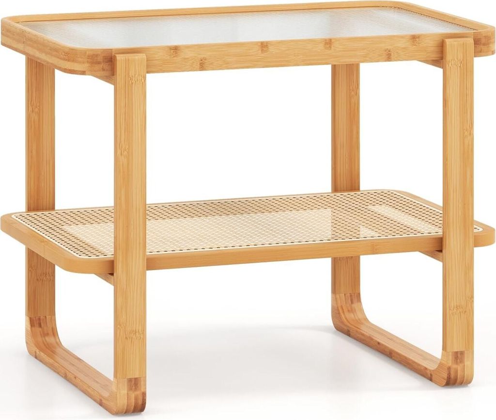 Beistelltisch mit 2 Ebenen, seitlicher rechteckiger Couchttisch mit Glasplatte und Rattanregal, Nachttisch mit Bambusrahmen für Schlafzimmer und W...