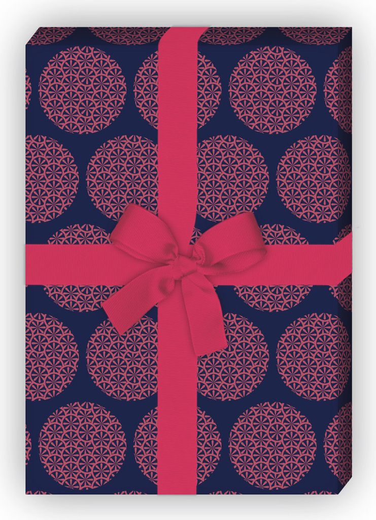 Orientalisches Geschenkpapier mit Blüten Kreisen, dunkelblau rosa - G11477, 32 x 48cm