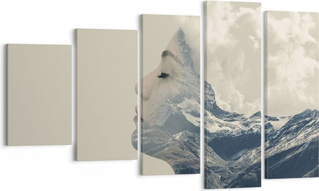 Bild auf Leinwand - Leinwandbild - 5 Teile - Grafik Frau Berge - 100x60cm - Wand Bild - Wanddeko - Wandbilder - Leinwanddruck - Bilder - Wanddekora...