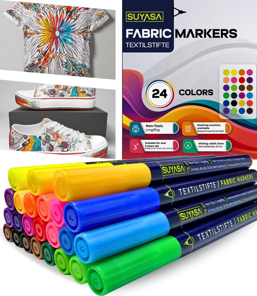 SUYASA 24er Textilstifte, Stoffmalstifte Waschfeste - Textilmarker für T-Shirt, Stoffbeutel zum Bemalen, Textilfarbe Waschmaschinenfest - Ungiftig