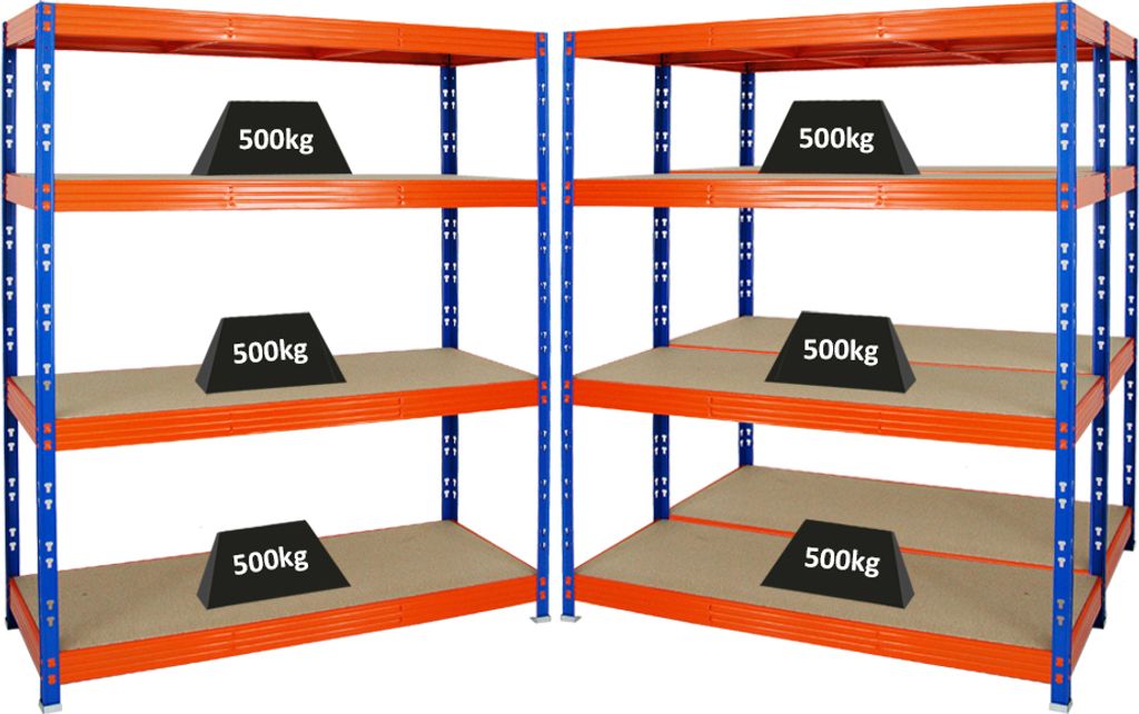 Mega Deal | 3x Profi Schwerlastregal Rhino | HxBxT 180x160x60cm | 4 Spanplatten-Ebenen 8mm | Fachlast 500kg | Blau-Orange