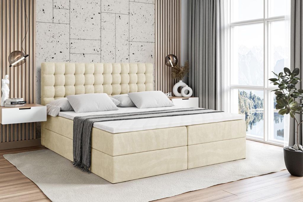 ALTDECOR Boxspringbett mit Matratze und Lattenrost - VIONE - 160x200 cm - Beige Monolith - Boxbett, Topper, Polsterbett mit Bettkasten, Bett mit St...