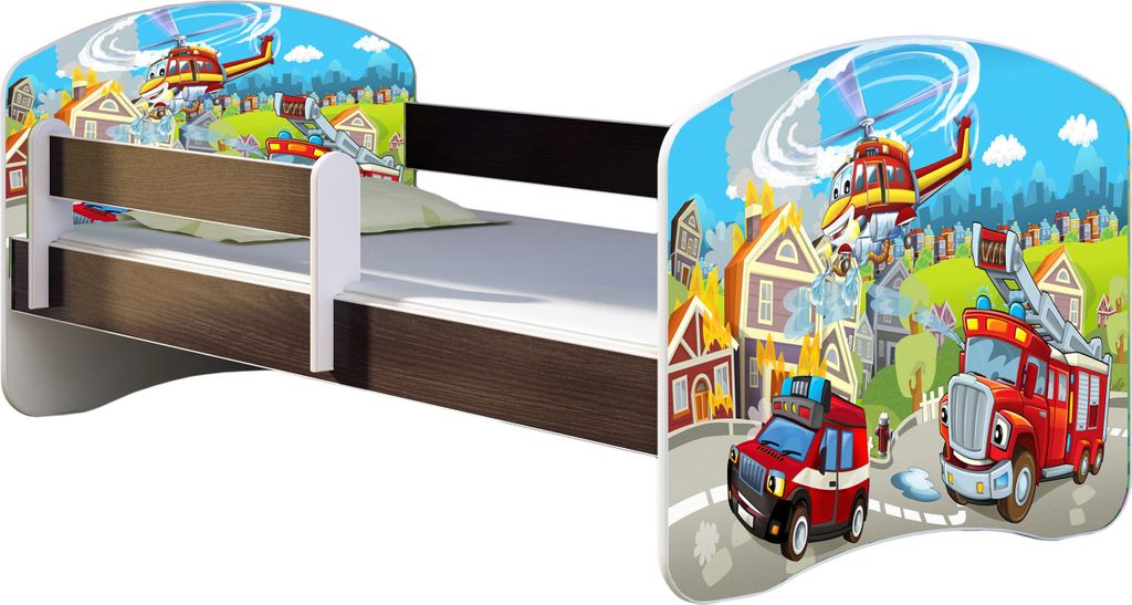 ACMA Jugendbett Kinderbett Junior-Bett Komplett-Set mit Matratze Lattenrost und Rausfallschutz Wenge 36 Feuerwehr 140x70