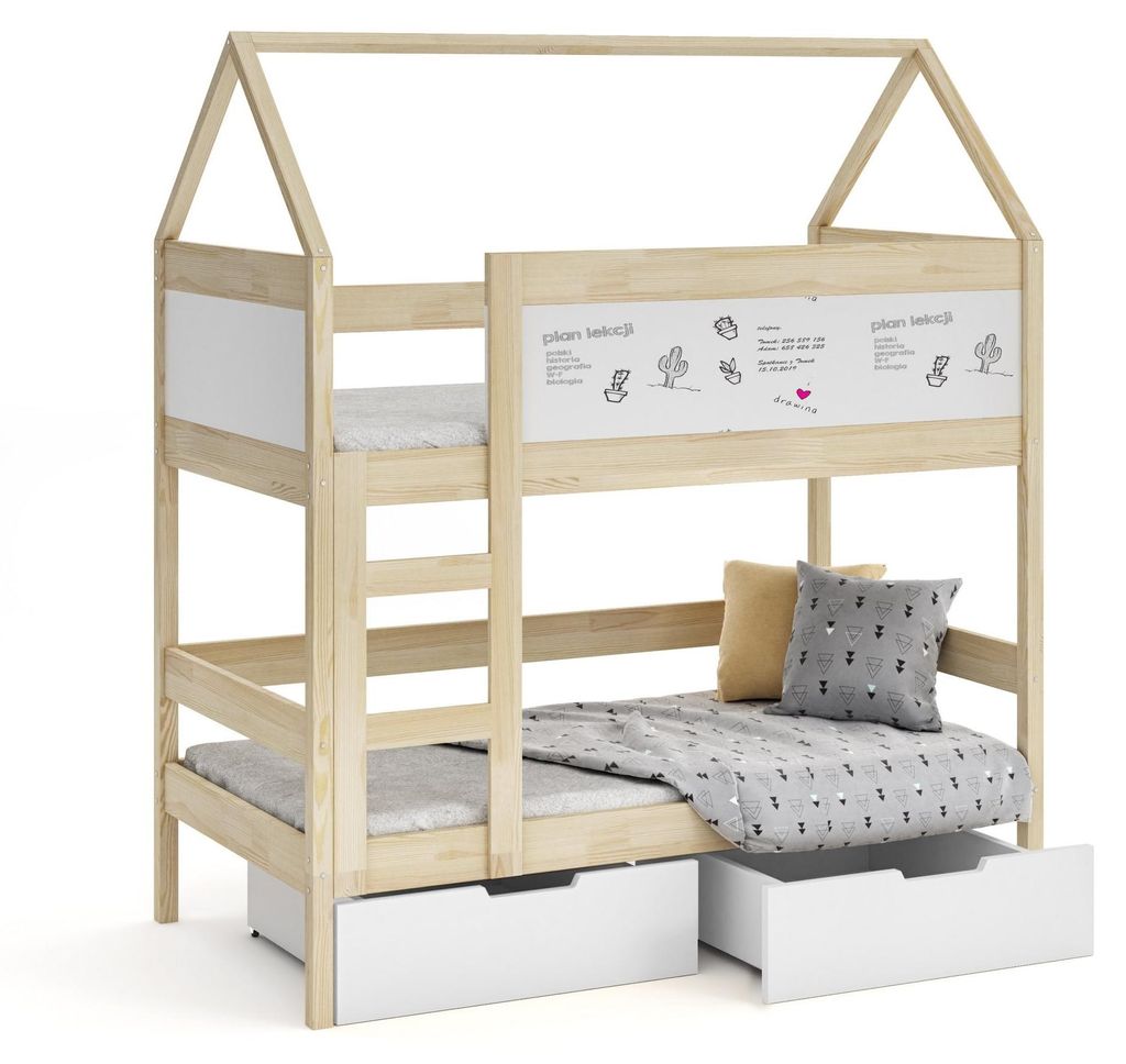 Masseno Etagenbett TAMI 80x160 cm mit Schublade, Rausfallschutz, Kinderbett mit Leiter für Mädchen und Jungs, Stockbett, Kieferfarben