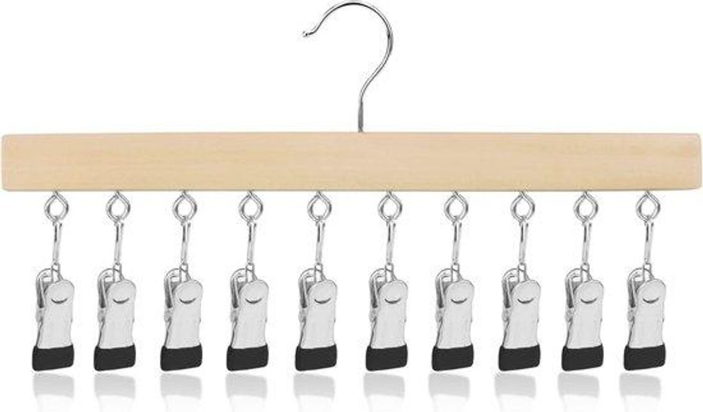 Houten Kleedstang mit 10 Clips, 360° Drehbarer Haken, Holzfarbe, für Unterwäsche, Gesichtsmasken, Handtücher, Mützen und Handschuhe