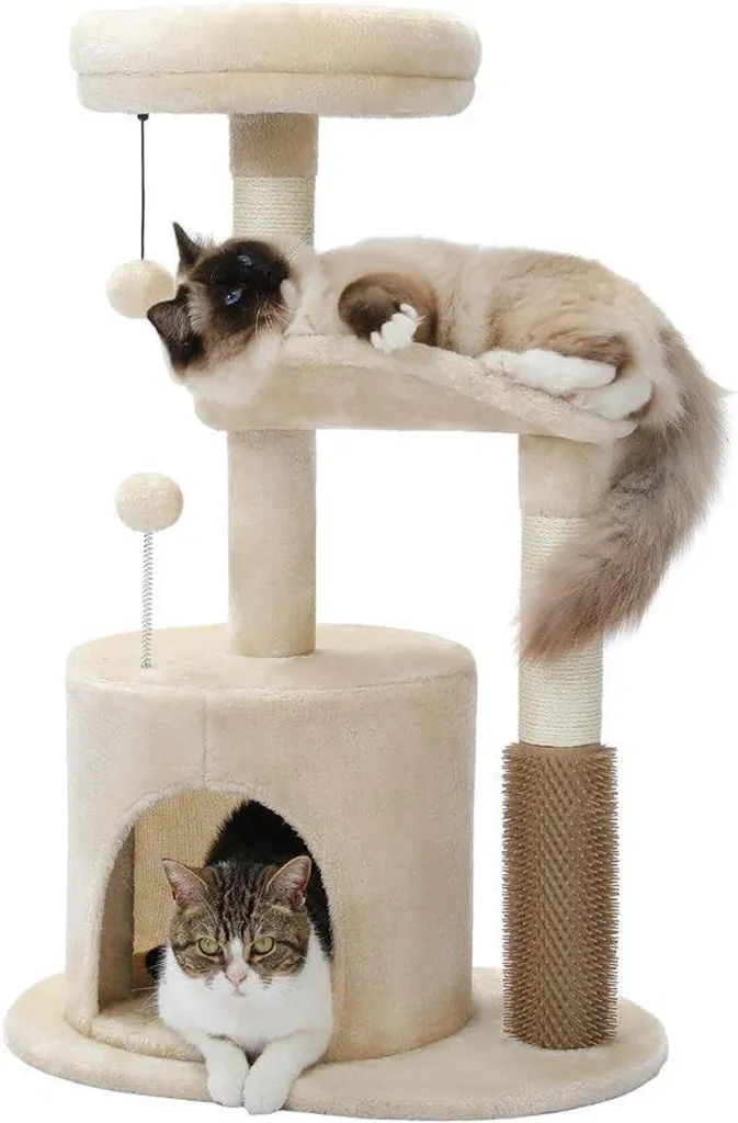 Poteau griffoir en sisal avec niche en peluche 78 cm lot de 2 beige