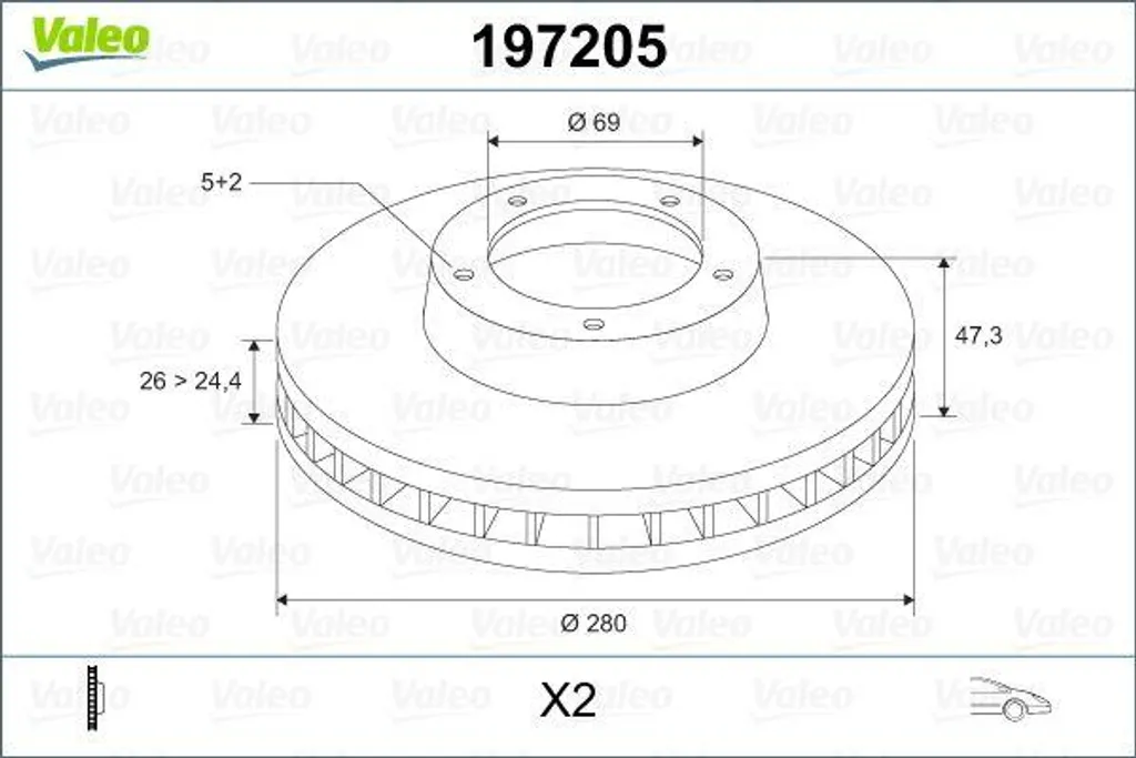 Disque de frein anti-vibration VALEO 197205 pour Kia Venga et Hyundai i30