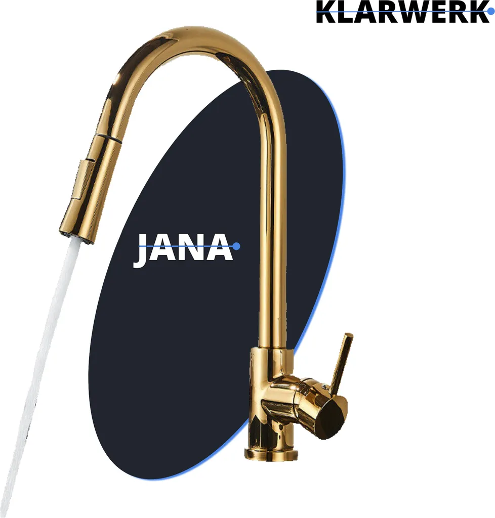 JANA | Miscelatore estraibile da cucina premium in acciaio inox oro lucido | Miscelatore ad arco alto | Rubinetto ad alta pressione girevole a 360° 2 attacchi