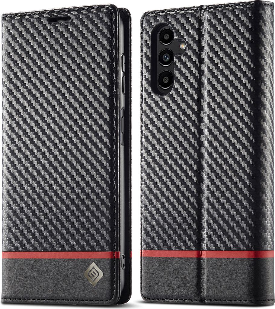 Hülle für Samsung Galaxy A35 5G Kohlefaser Leder Brieftasche Schutzhülle mit Standfunktion Schwarz Horizontal Rot