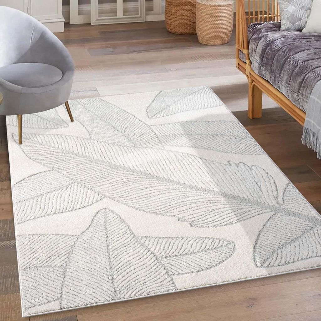 Kurzflor Teppich Grau, Creme - 200x290 cm - Wohnzimmer-Teppiche 3D-Effekt - Florales Muster