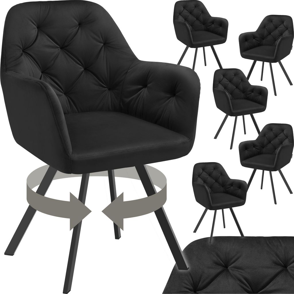 A black velvet armchair is shown from the front, with several other identical armchairs arranged in the background. Arrows indicate that the main chair can swivel.