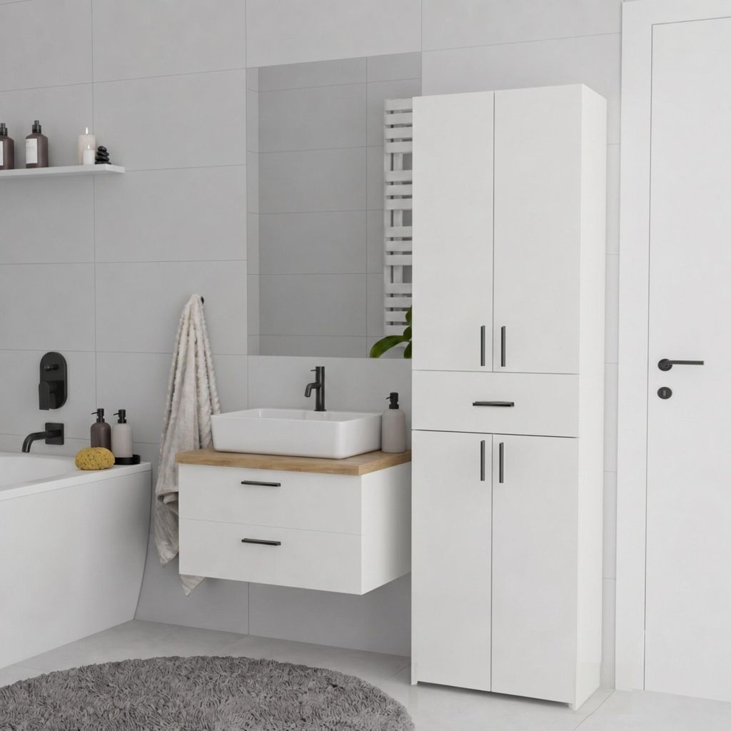 Badschrank Hochschrank Weiß stehend mit Schublade und