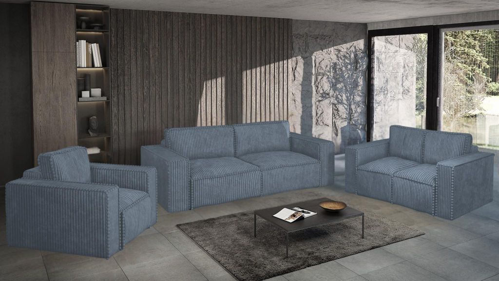 Sofaset Designersofa VAJANA 3-2-1 Stoff Tilia Azurblau