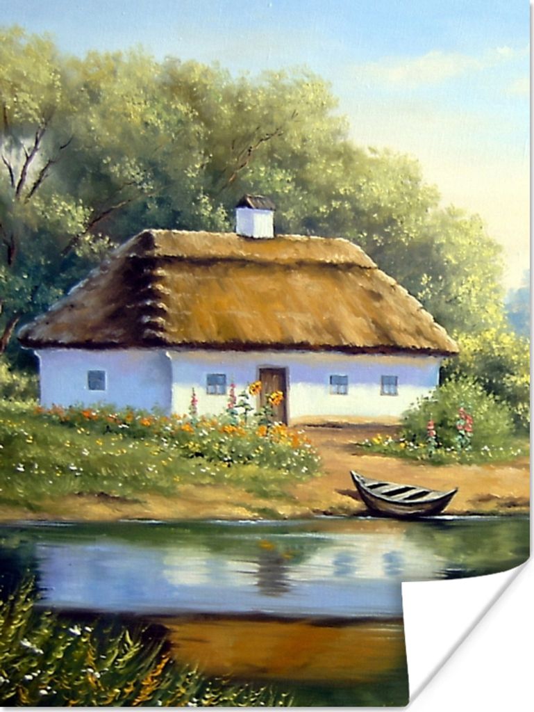 MuchoWow Poster Malerei - Haus - Natur - Wasser - Ölfarbe 90x120 cm - Wohnzimmer