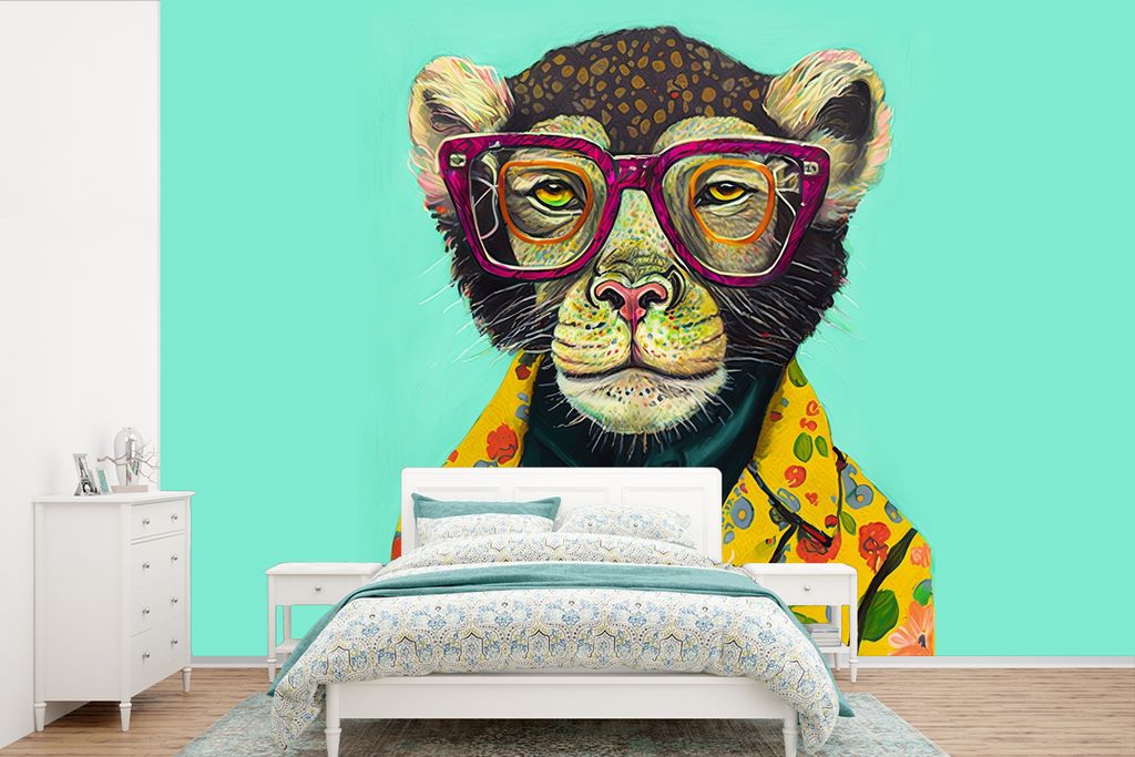 MuchoWow Fototapete für Wohnzimmer oder Schlafzimmer Wandtapete Vinyl Motivtapete Design - Rosa - Brille - Affe - Tiere - 420x280 cm - Zimmer f...