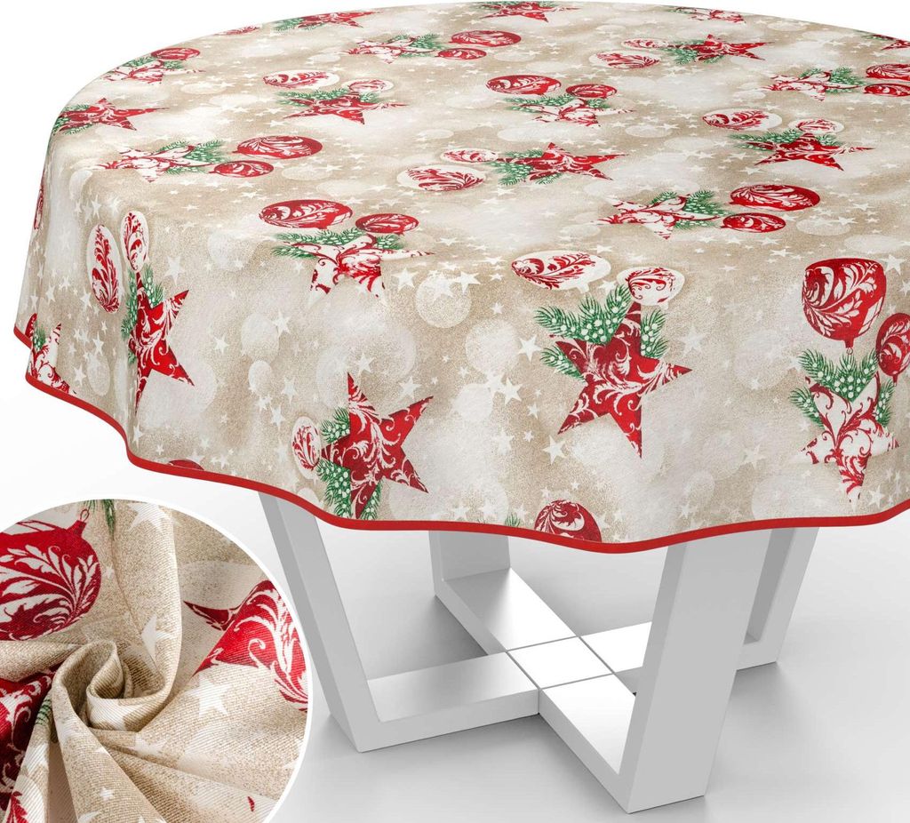 Tischdecke Weihnachten mit feierlichem Motiv Tischwäsche schmutzabweisend Tischtuch aus Stoff Aquarell Beige Rund 100cm mit Paspelband