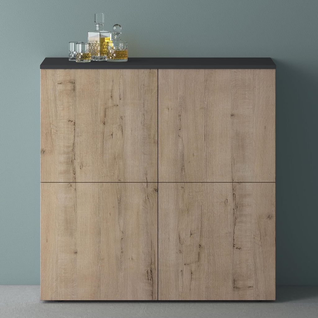 Mai & Mai Möbel Kommode Aufbewahrungsschrank mit 4 Türenin Weiß matt + Kerneiche Sideboard Schrank Mehrzweckschrank BTH: 100x36,4x98cm Schrank04