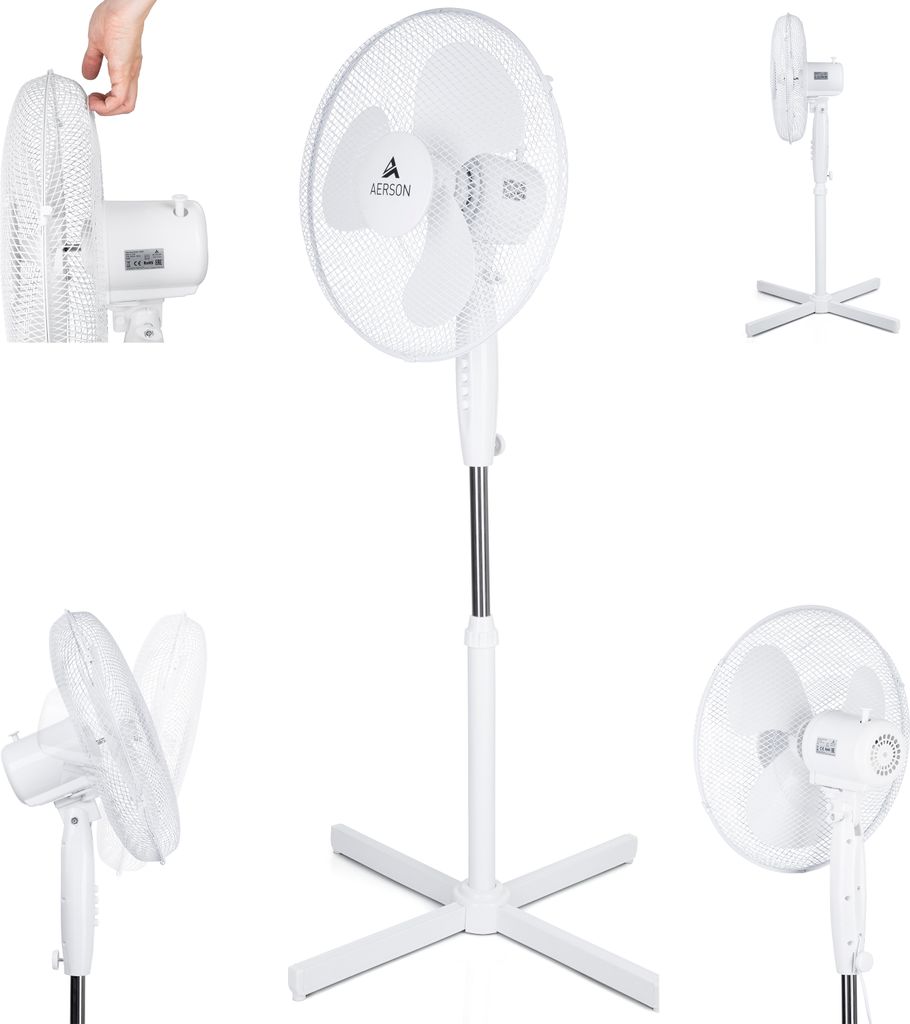 A collage of images showing different angles and details of a white stand fan.