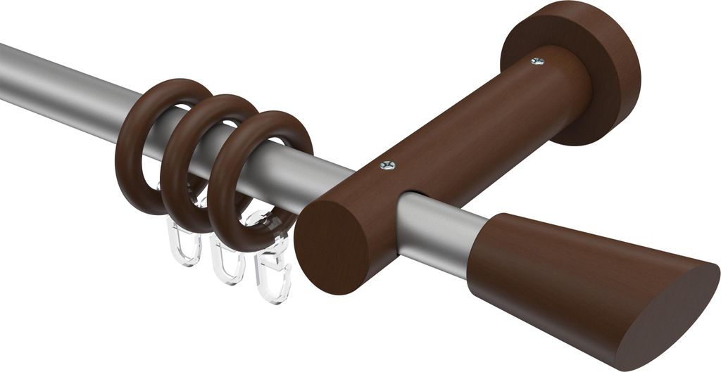 Interdeco Gardinenstange / Vorhangstange Silbergrau / Nussbaum lackiert, Typ Talena Bero (Konus Schräge), 20 mm Ø 1-läufig, 240 cm
