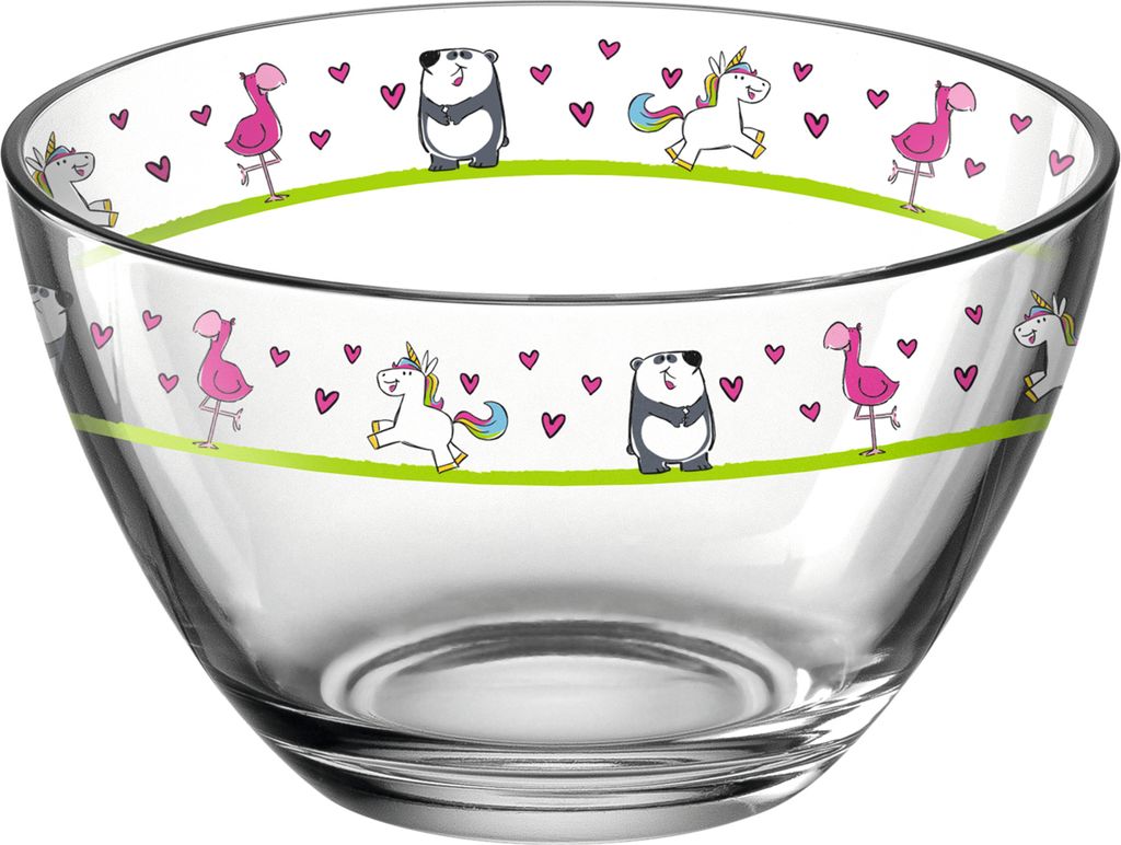 Leonardo Bambini Glas-Schalen 6er Set, Kinder-Schälchen aus Glas mit Tier-Motiven, Flamingo, Einhorn, Panda, spülmaschinengeeignete Schüsseln, ...