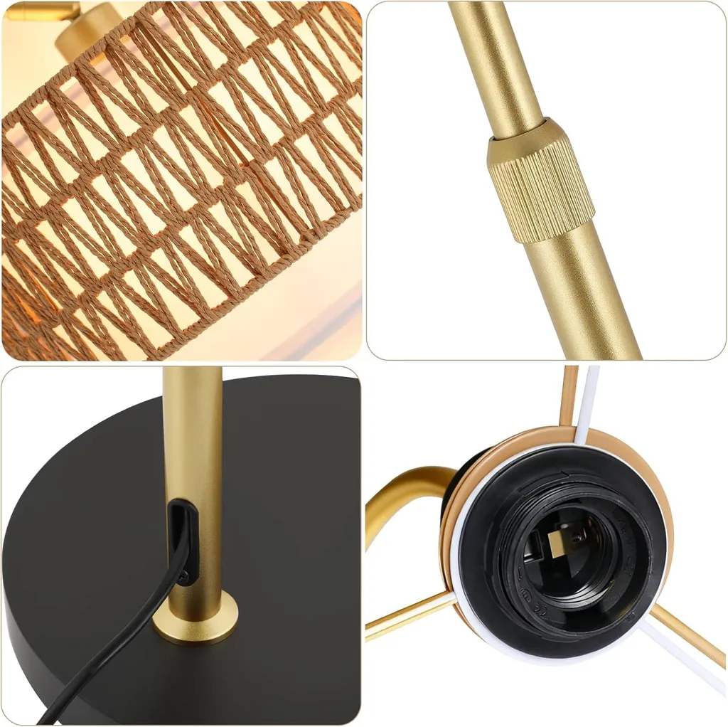 Lampadaire Rotatif 350° en Rotin Doré Dimmable avec LED et Télécommande