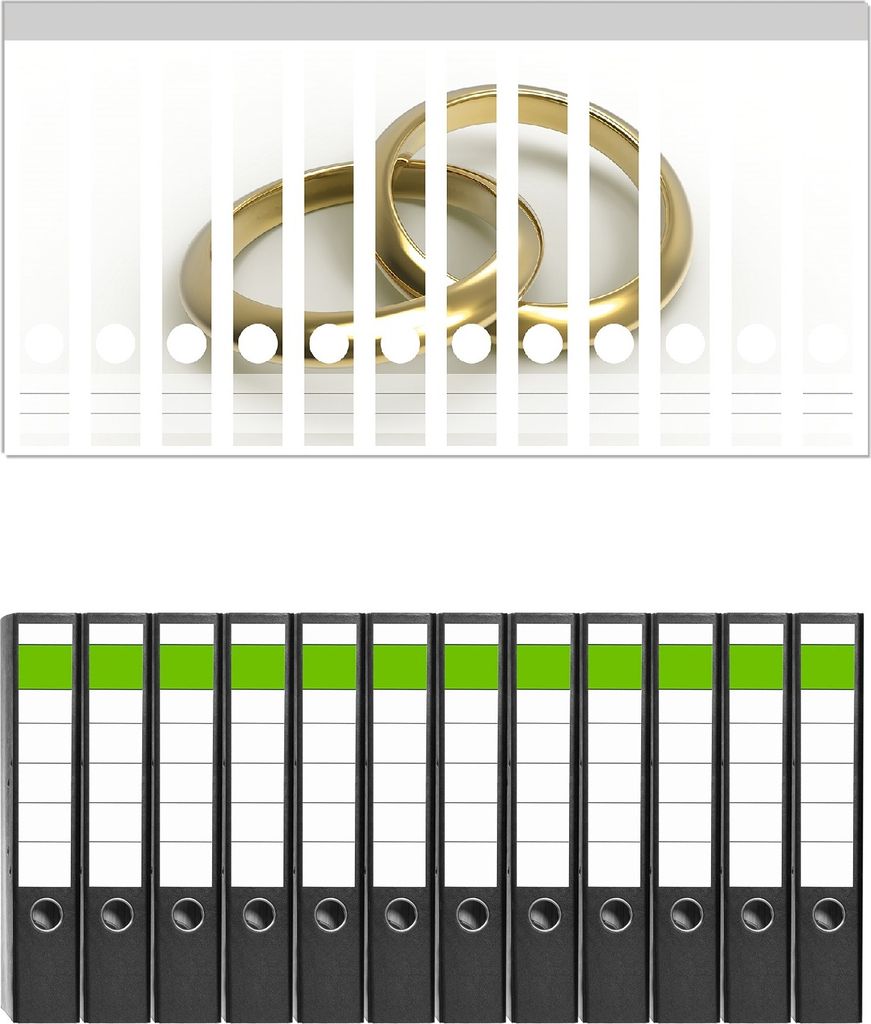 Wallario 12 Stück schmale Ordner inkl. Klebeetiketten mit Motive Zwei goldene Eheringe in Nahaufnahme auf weißem Grund - Set mit Rückenschilder...