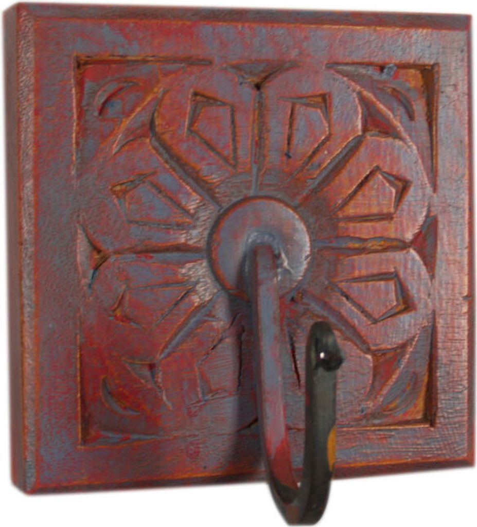 Indischer Vintage Wandhaken Ornament - Bunt, Braun, Holz,Metall, 12*12*2,5 cm, Wandhaken aus Holz, Metall & Keramik