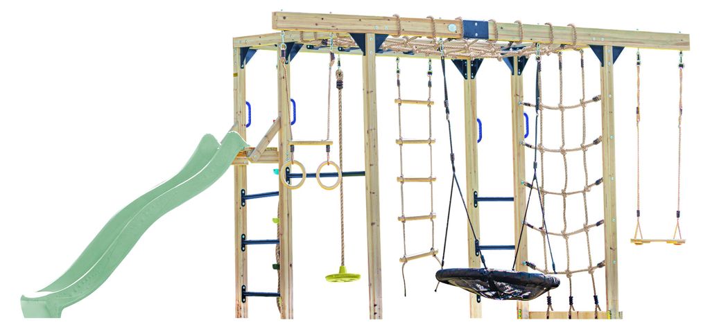 AXI Boris Klettergerüst aus Holz in Braun mit Pastellgrün Rutsche | Kletterspielplatz für Kinder mit verschiedenen Schaukeln, Trapez, Kletternet...
