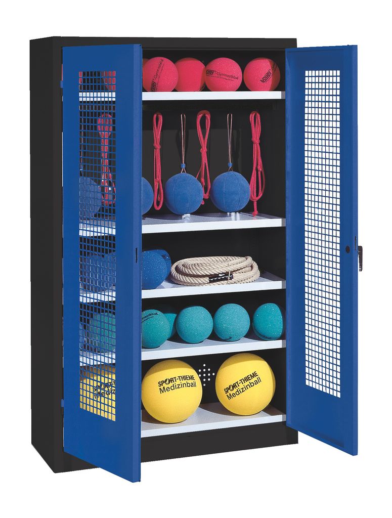 C+P Sportgeräteschrank mit Lochblech-Flügeltüren (Typ 2), HxBxT 195x120x50 cm, Enzianblau (RAL 5010), Ergo-Lock Muldengriff, Anthrazit (RAL 7021...