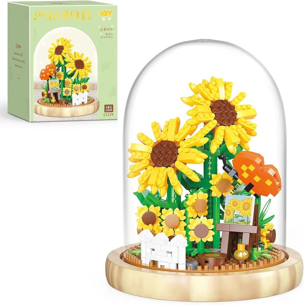 Mini Kunstblumen-Bouquet in Glasglocke Botanische Sonnenblumen Bausteine, 3D Bausatz für Erwachsene, Geschenk zu Weihnachten Silvester