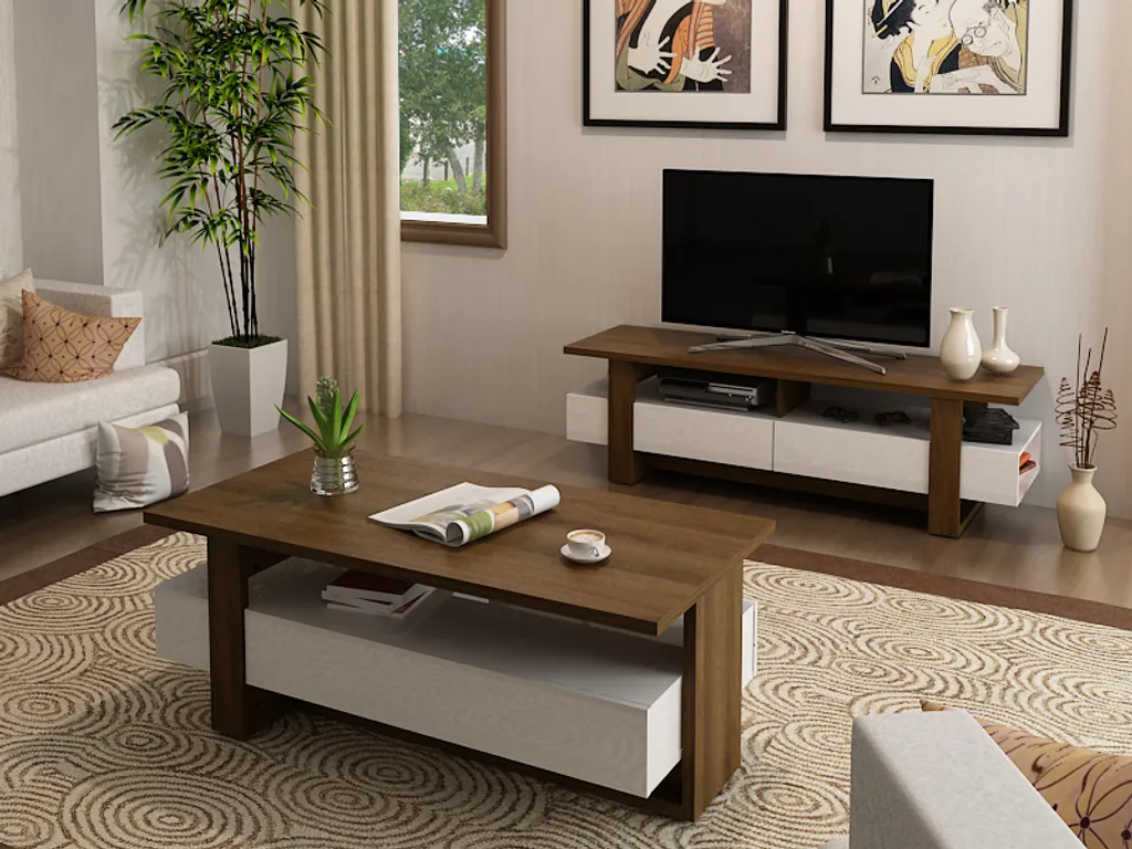 Table de télévision 150cm structure 3D noyer brillant Rack HWC-B51 - 9