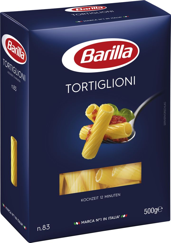 A dark blue box of Barilla Tortiglioni pasta.