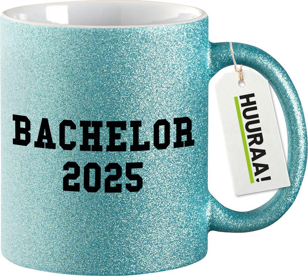 Huuraa Glitzertasse Bachelor 2025 Abschluss Geschenk 330ml Blau Bachelor 2025 Präsent