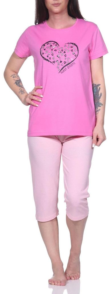 Damen Capri Schlafanzug, 3/4-Capri-Pyjama mit süßem Herzchen-Muster ; pink , 44-46