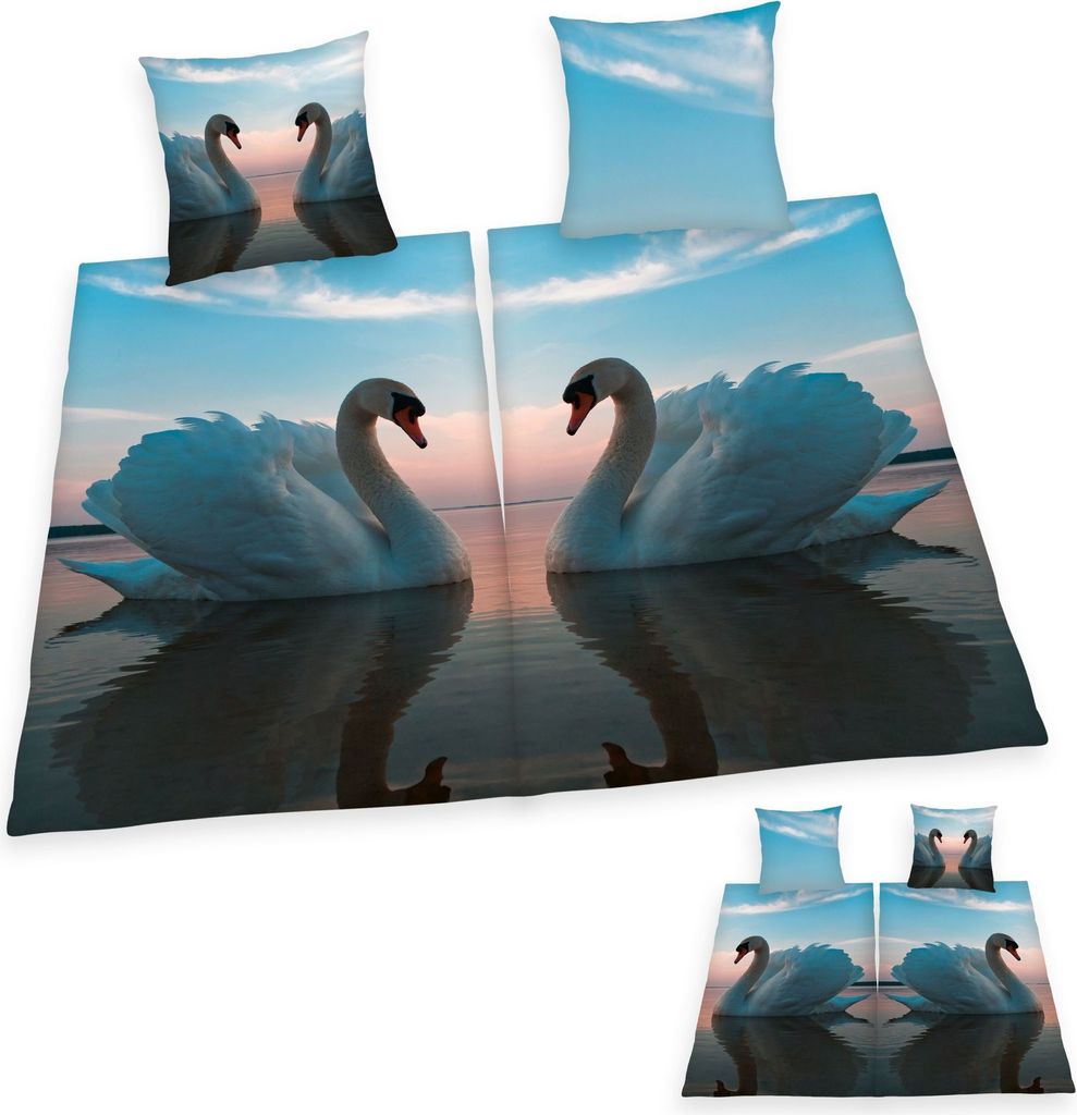 Partner Bettwäsche 4tlg. Schwanenpaar 135x200 cm (80x80 cm) 100% Baumwolle