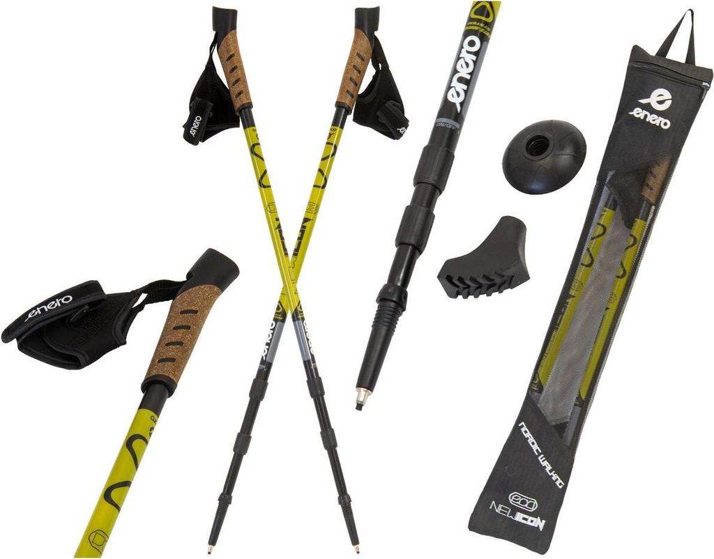 A collection of Nordic walking poles and accessories laid out on a white background.