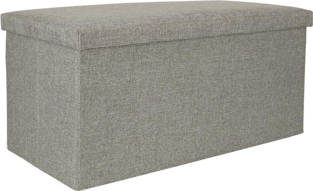 A gray storage ottoman is shown against a white background.