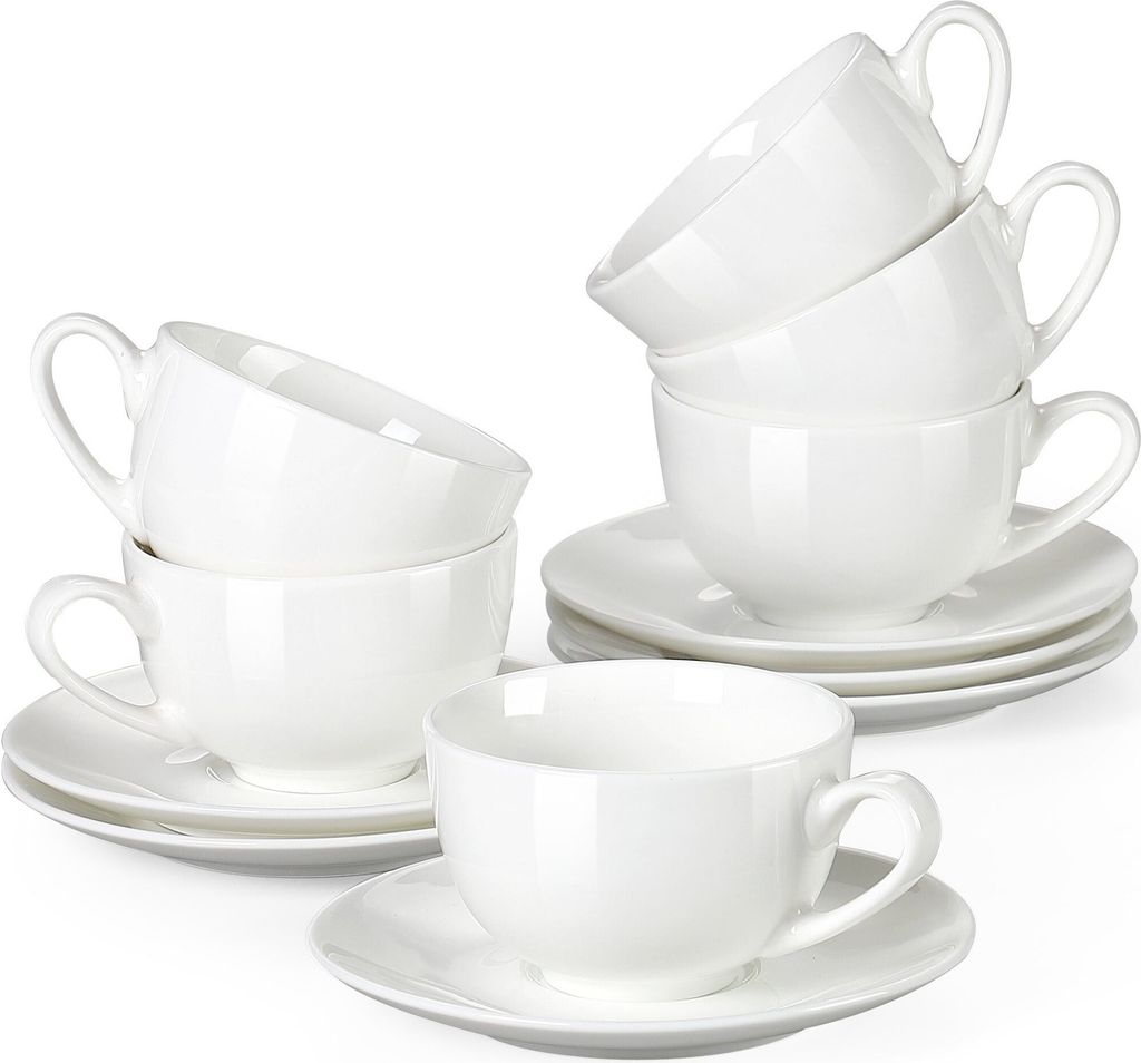 Porzellan Tassen Set, LOVECASA Kaffeetassen mit Untertassen für 6 Personen, Teetassen, Cappuccino, Espresso, weiß