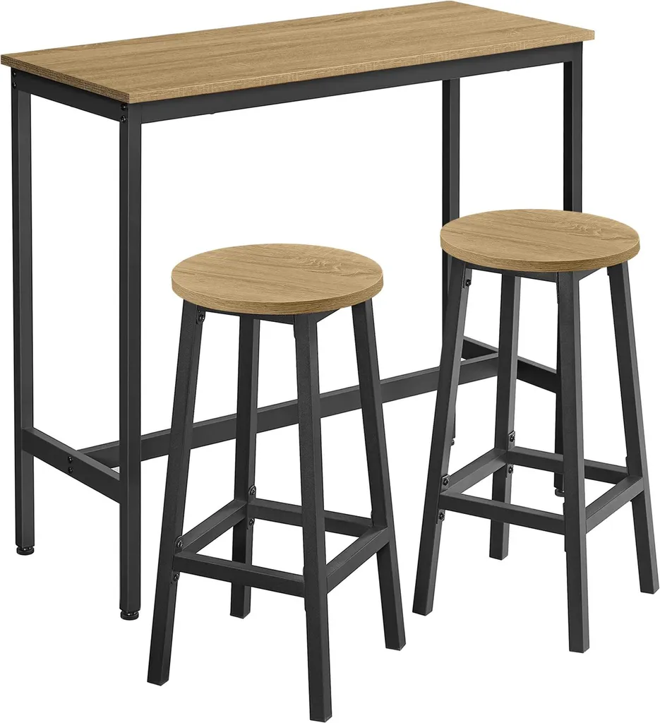 Table de bar chêne artisan 100x40 cm avec 2 tabourets style loft