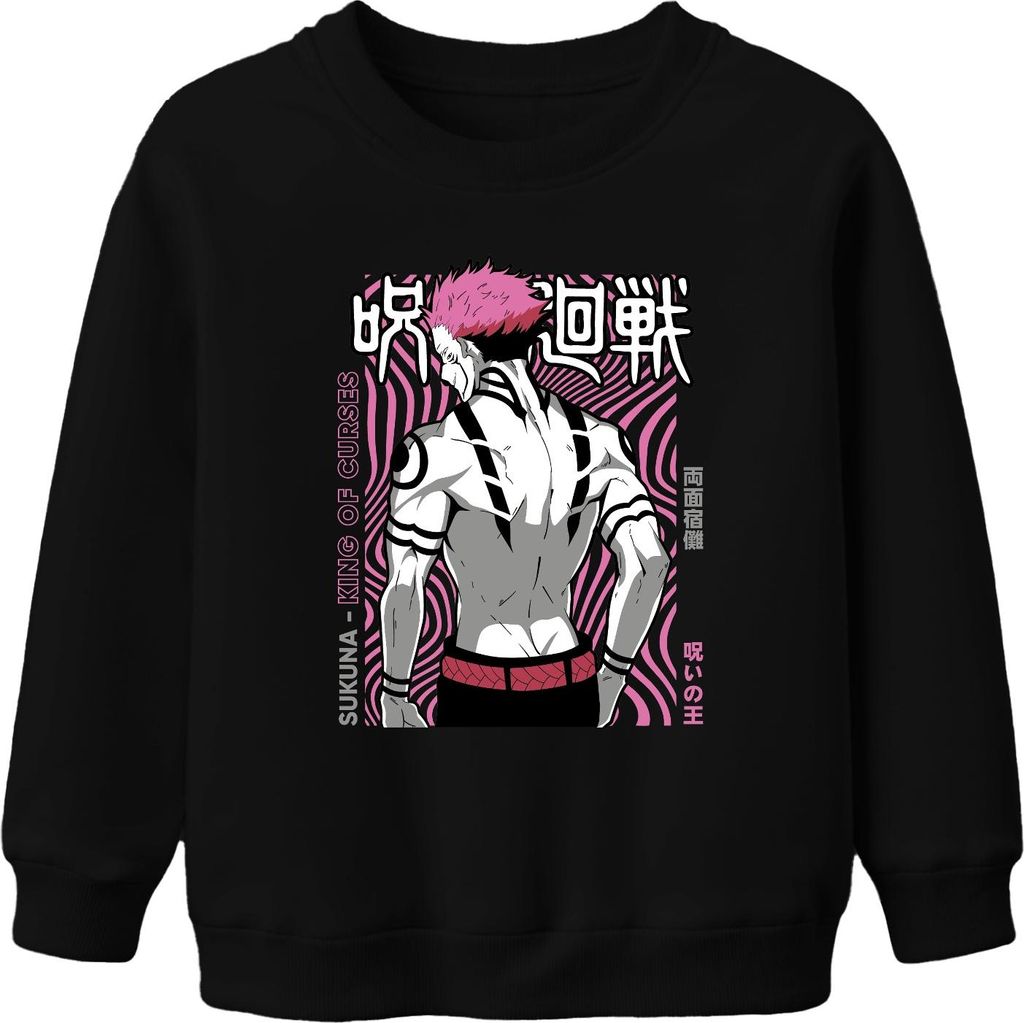 Sukuna Jujutsu Kaisen King of Curses Anime Ästhetik Villain Retro Uni Kinder Sweatshirt Pullover, Schwarz, 152