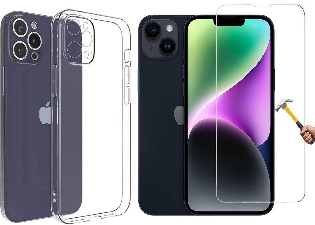 2in1 Set kompatibel mit iphone 14 plus Silikon Case und Panzerglas Schutzhülle Hülle transparent Flexibel Cover Handyhülle Glasfolie 9H Härte 1...