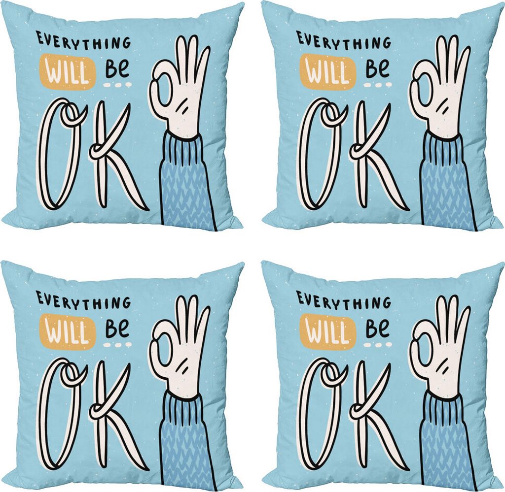 ABAKUHAUS Sprichwort Kissenbezug Set (4 Stück), Alles wird Okey Hand, Moderner Doppelseitiger Digitaldruck, 60 cm x 60 cm, Blassblau blasses Orange